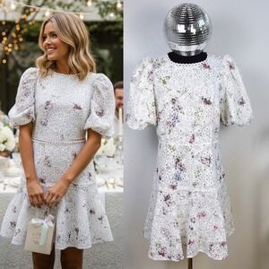 Gianni Bini White Eyelet Floral Puff Sleeve Fit Flare Dress Size 8 Bridal Shower